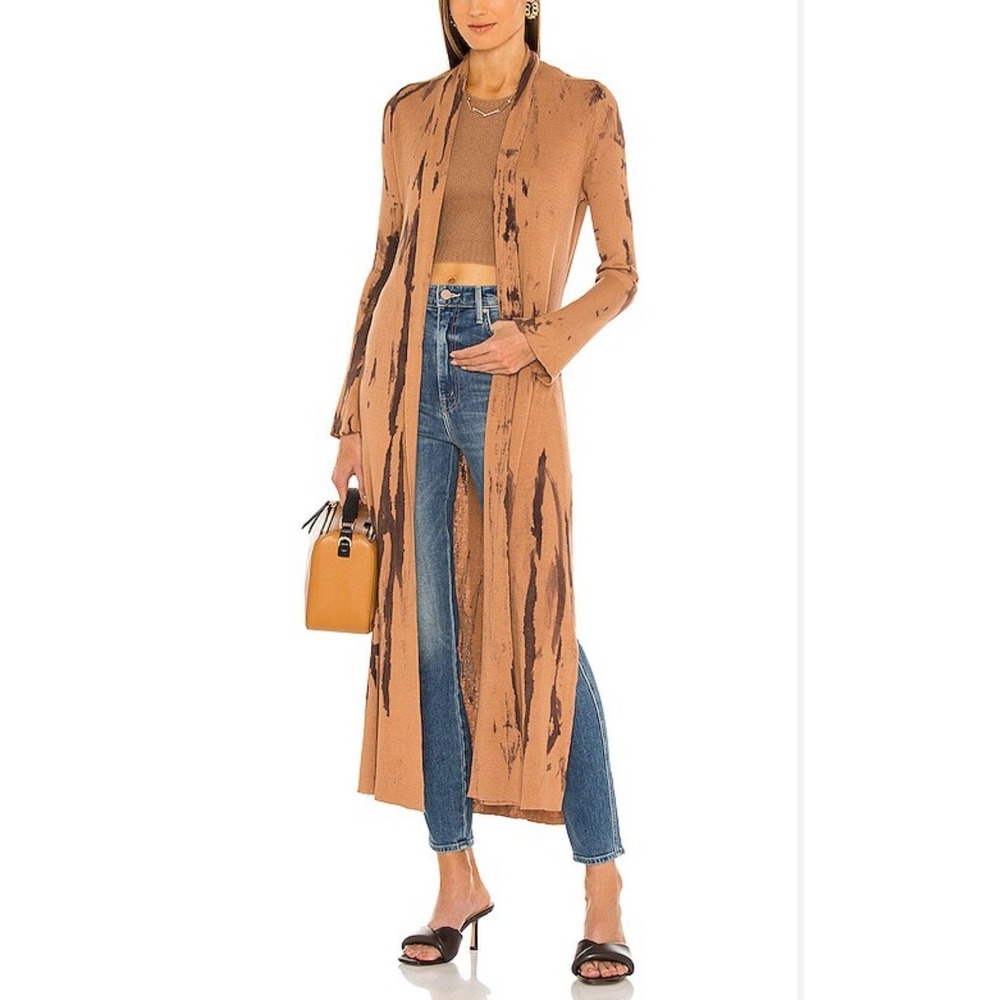L'AGENCE Mahika Duster Ribbed Open Cardigan Long Dark Camel Tie Dye Boho Size M